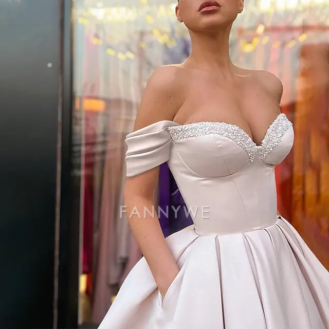 FannyWe Simple A-Line Cocktail Dresses Open Back Dress Wedding Guest Prom Tea Length Short Sleeve Off Shoulder Pocket Satin with Pleats Pure Color Dresses